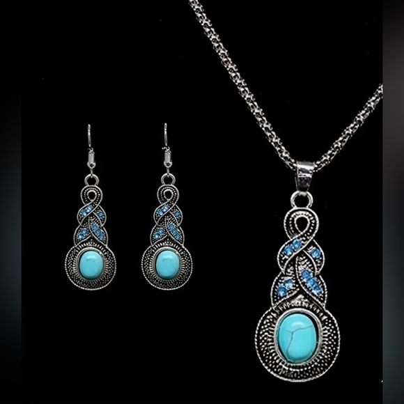 Inlaid Turquoise Fashion Necklace & Earring Set NWT - Picture 2 of 3